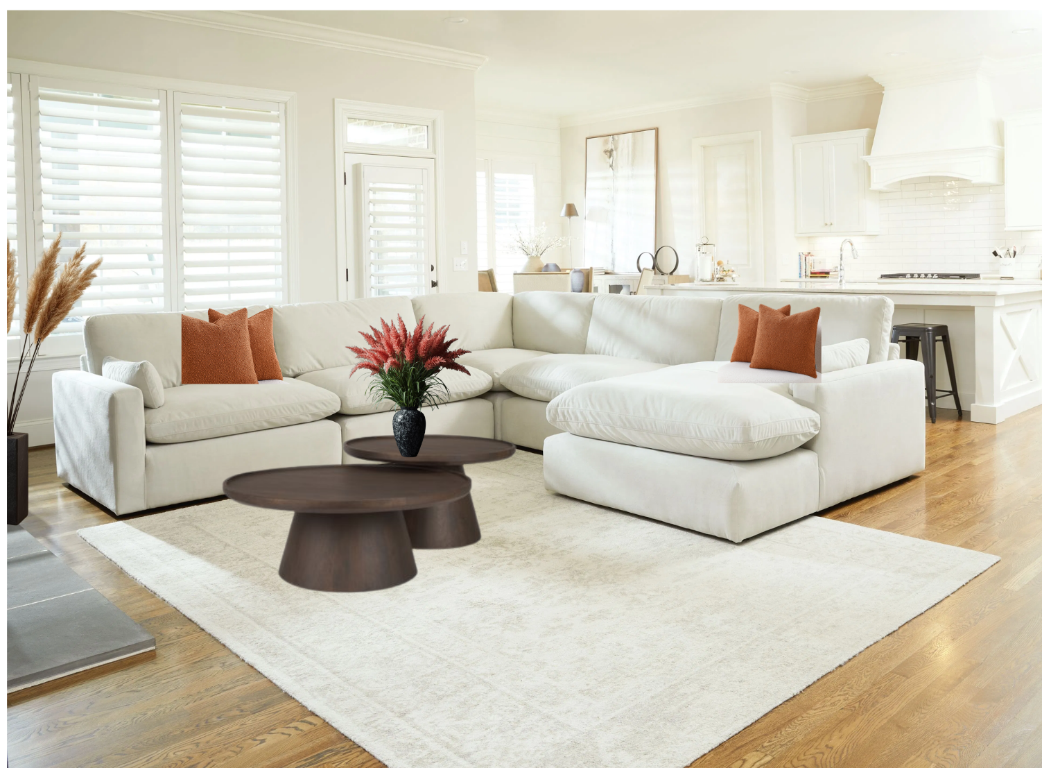 Ashley 5 piece sectional with white orchid and red pompas