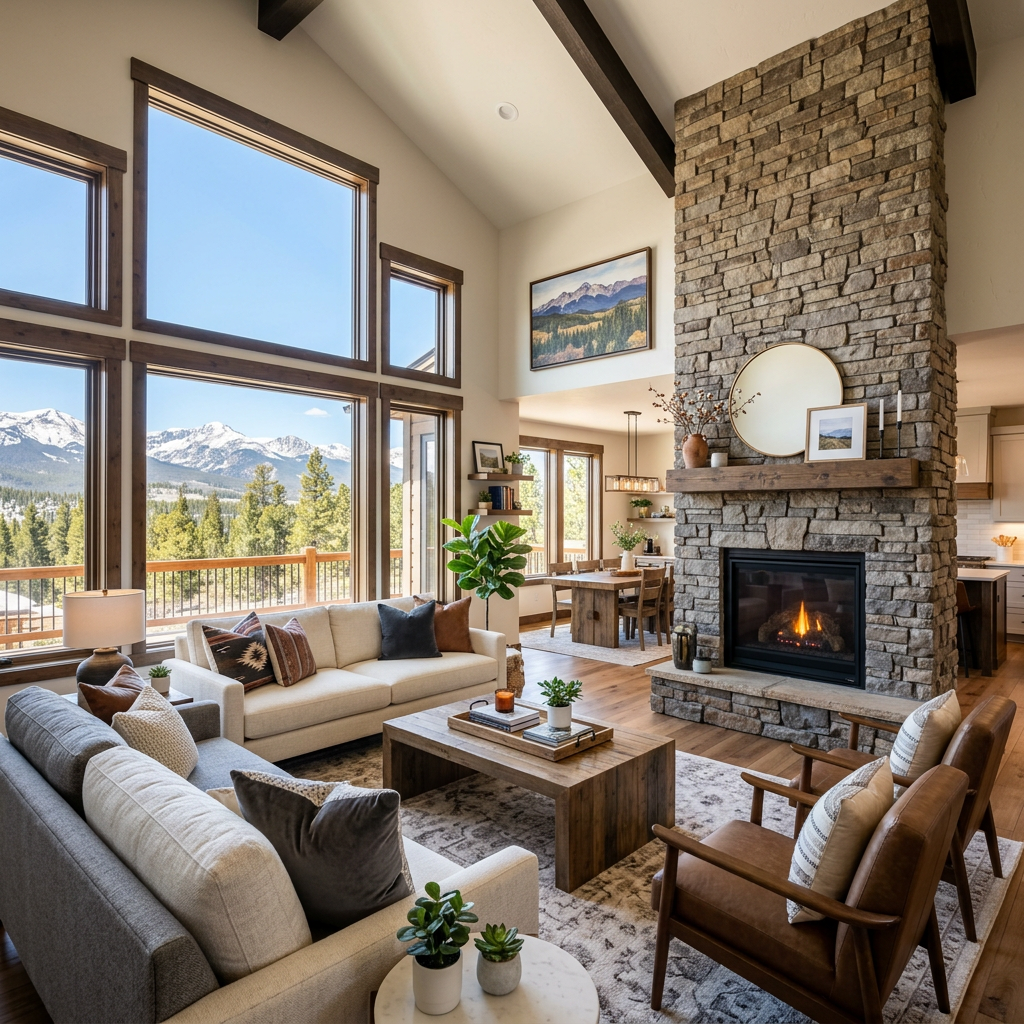 Living room with large windows, stone fireplace, sofas, armchairs, and mountain view