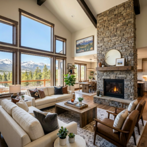 Living room with large windows, stone fireplace, sofas, armchairs, and mountain view