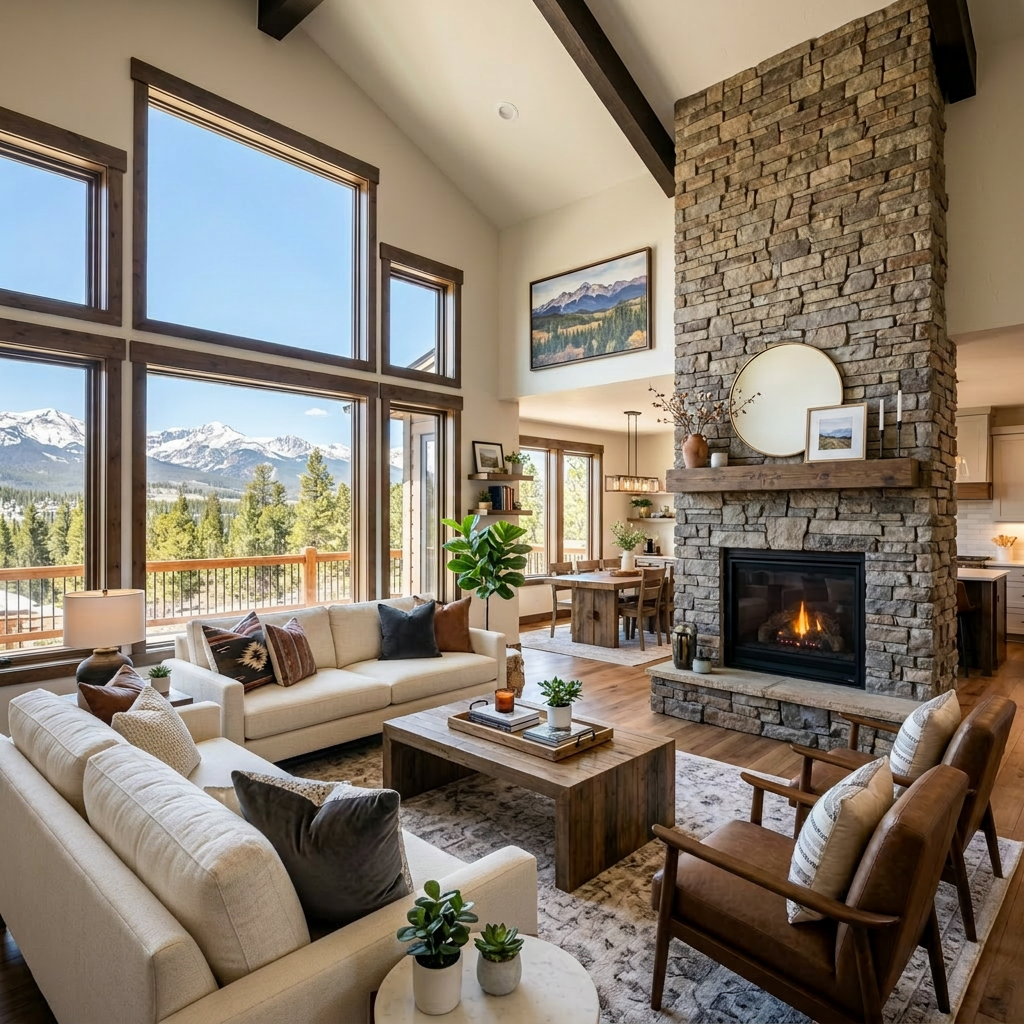 Living room with large windows, stone fireplace, sofas, armchairs, and mountain view