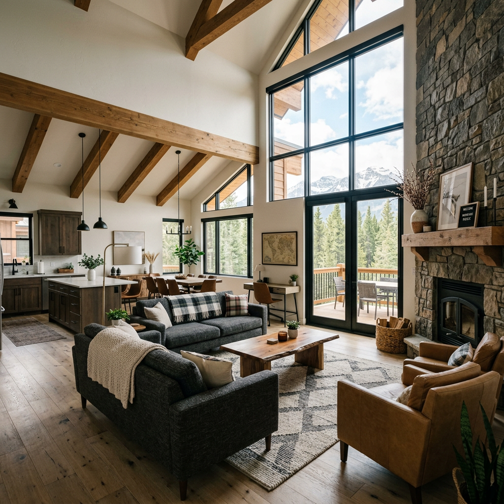 Living room with large windows, stone fireplace, wooden beams, and mountain scenery outside