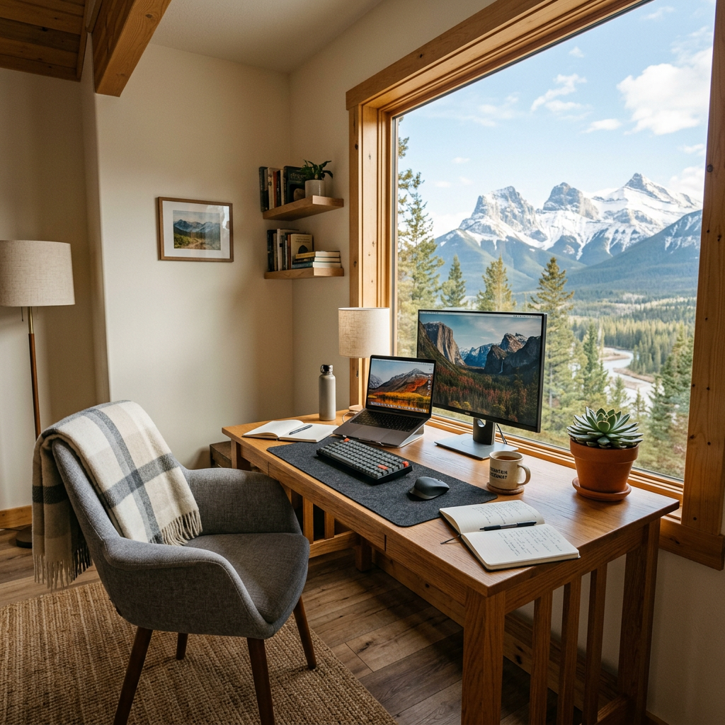 Home office with desk, laptop, monitor, notebook, chair, and mountain view outside window